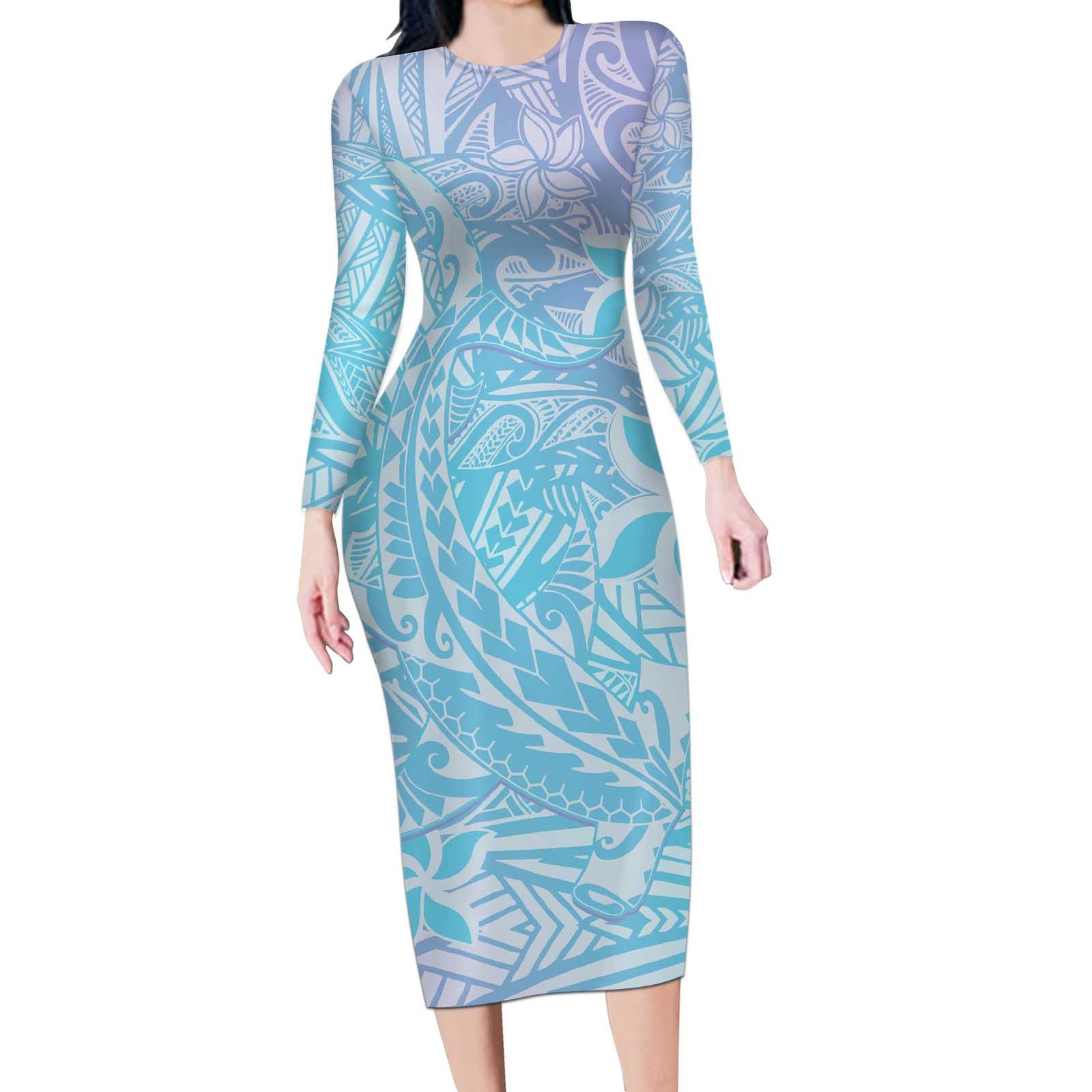 Baby Blue Gradient Polynesia Long Sleeve Bodycon Dress Hawaiian Tribal Hammerhead Shark Tattoo LT14 Long Dress Baby Blue - Polynesian Pride