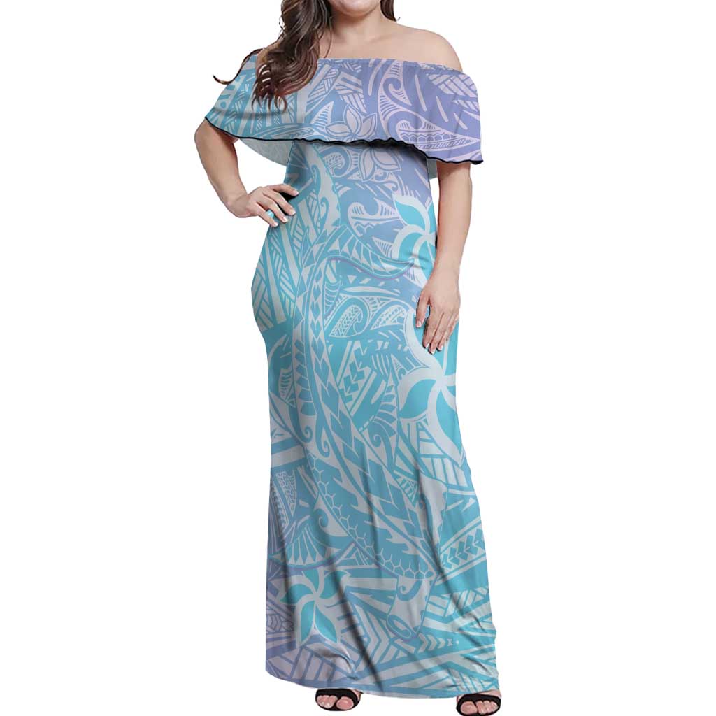 Baby Blue Gradient Polynesia Off Shoulder Maxi Dress Hawaiian Tribal Hammerhead Shark Tattoo LT14 Women Baby Blue - Polynesian Pride