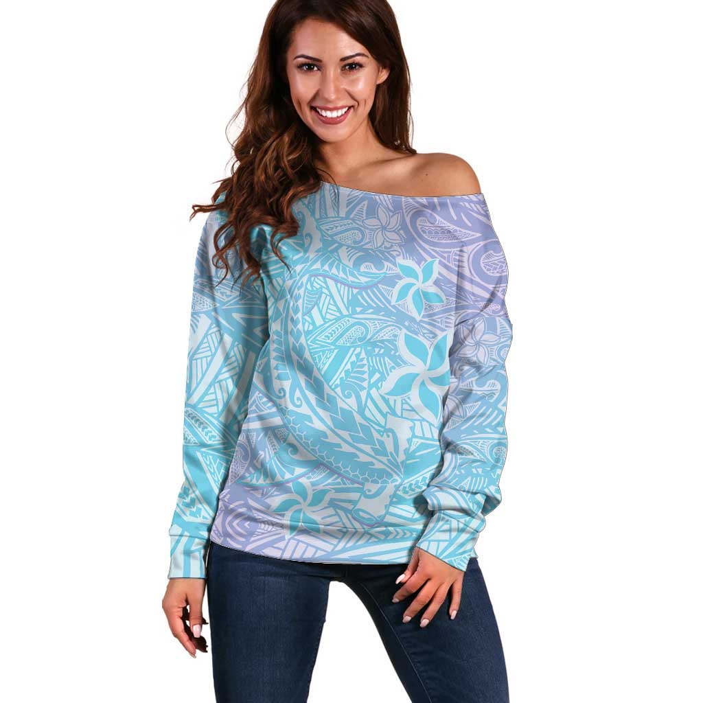 Baby Blue Gradient Polynesia Off Shoulder Sweater Hawaiian Tribal Hammerhead Shark Tattoo LT14 Women Baby Blue - Polynesian Pride