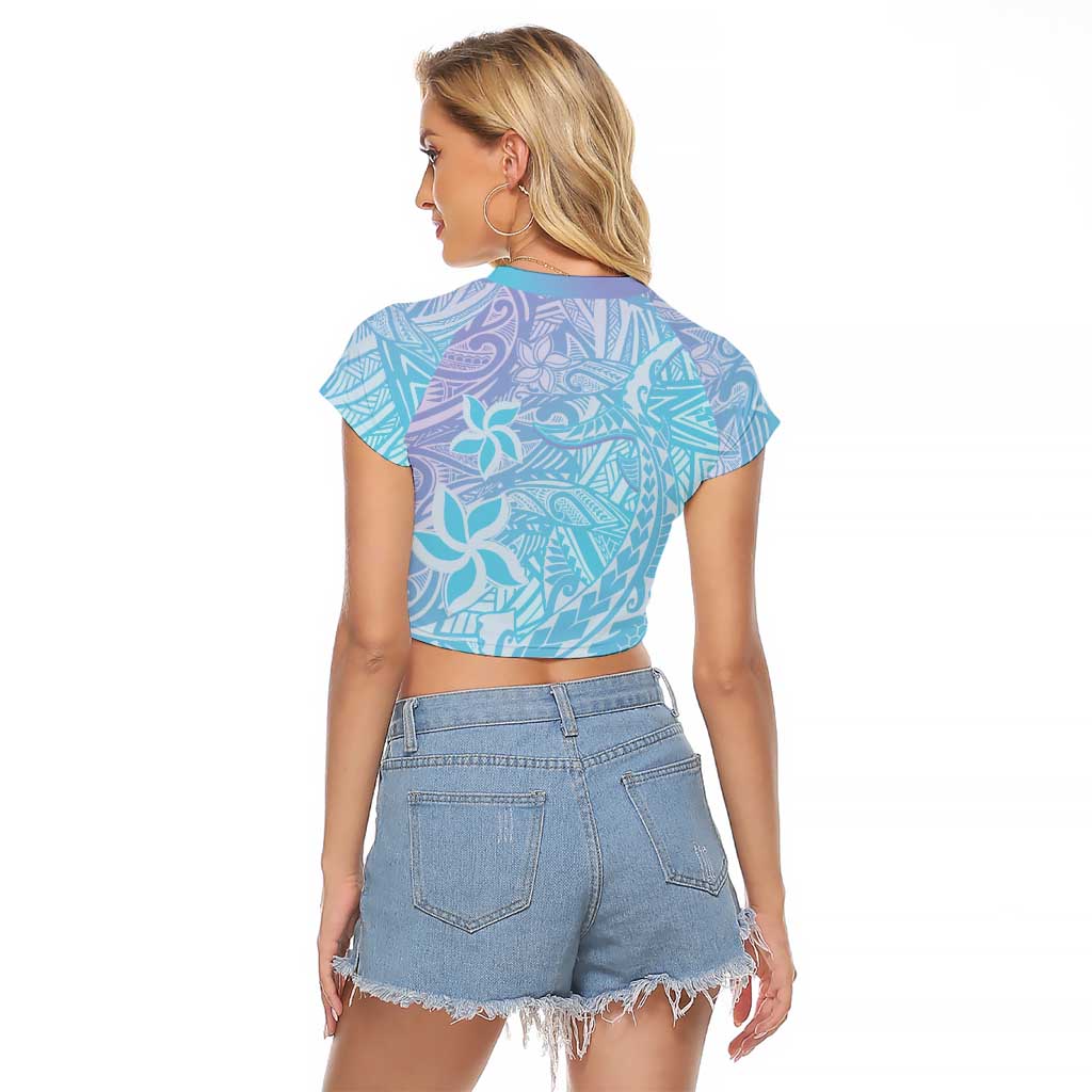 Baby Blue Gradient Polynesia Raglan Cropped T Shirt Hawaiian Tribal Hammerhead Shark Tattoo LT14 - Polynesian Pride