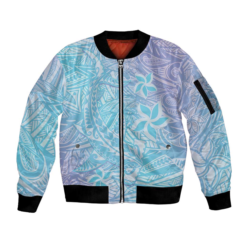 Baby Blue Gradient Polynesia Sleeve Zip Bomber Jacket Hawaiian Tribal Hammerhead Shark Tattoo LT14 Unisex Baby Blue - Polynesian Pride