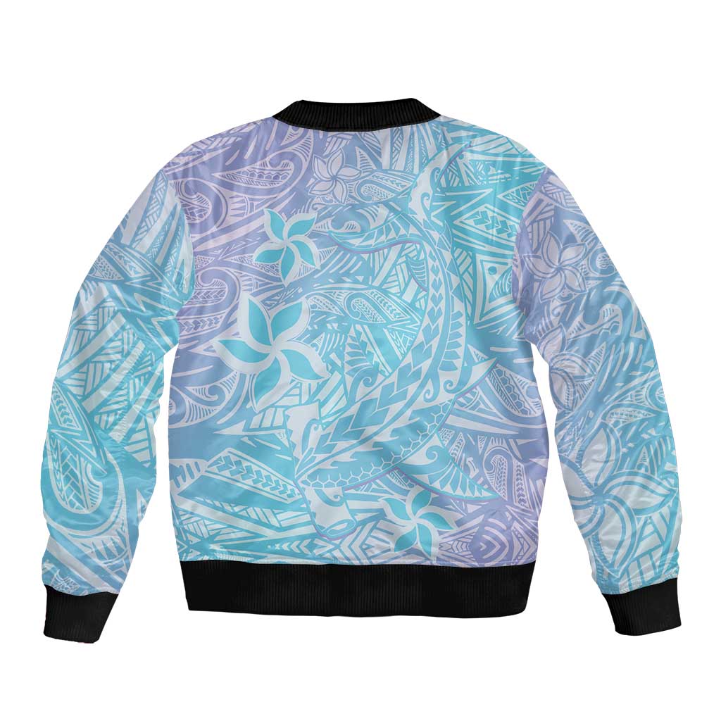 Baby Blue Gradient Polynesia Sleeve Zip Bomber Jacket Hawaiian Tribal Hammerhead Shark Tattoo LT14 - Polynesian Pride