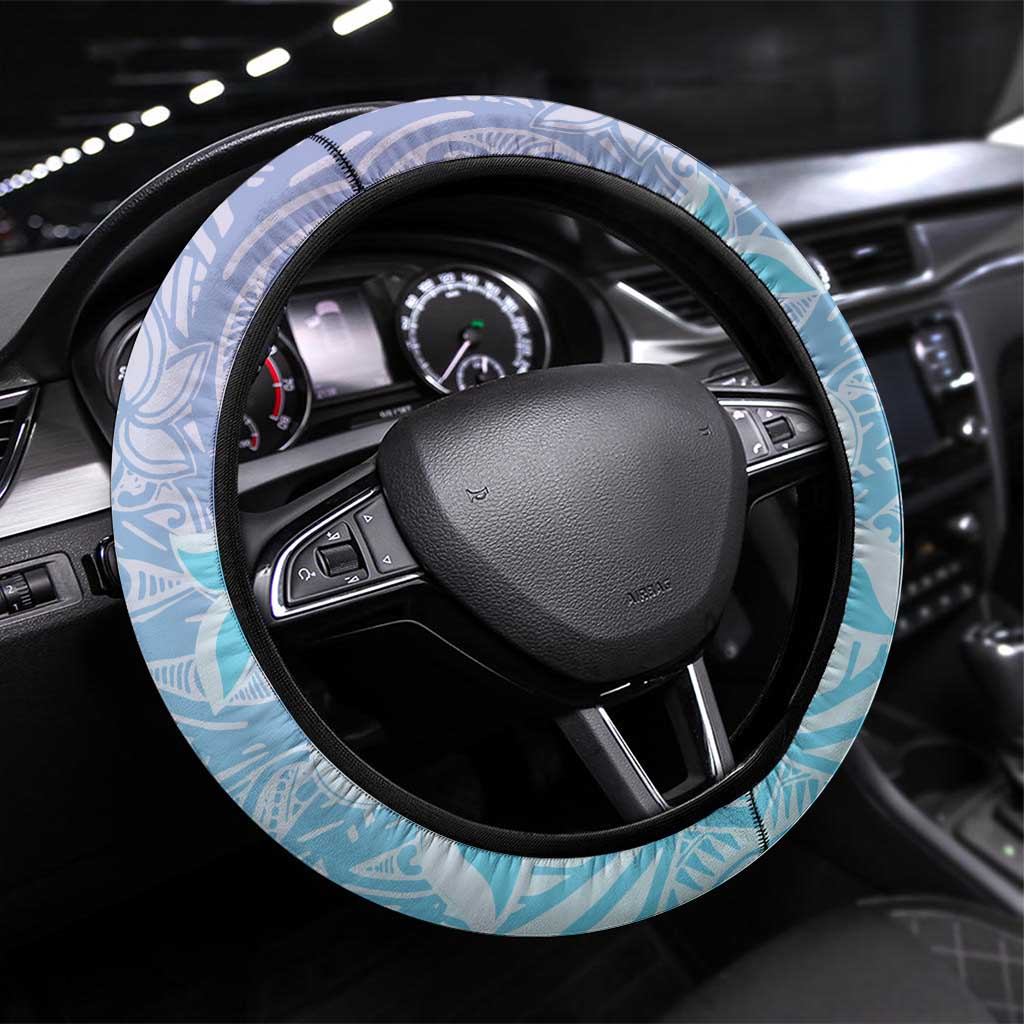 Baby Blue Gradient Polynesia Steering Wheel Cover Hawaiian Tribal Hammerhead Shark Tattoo LT14 Universal Fit Baby Blue - Polynesian Pride