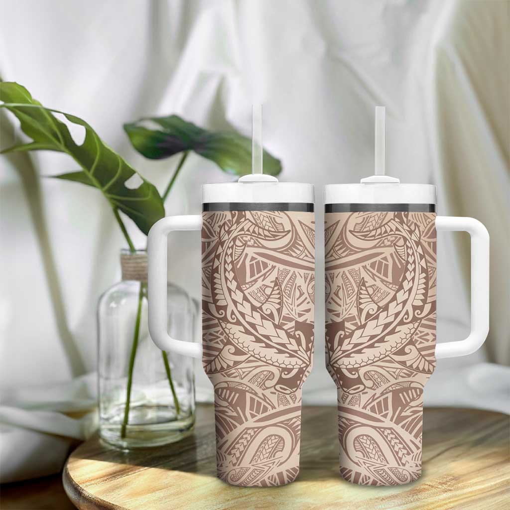 Pastel Brown Polynesia Tumbler With Handle Hawaiian Tribal Hammerhead Shark Tattoo LT14 - Polynesian Pride