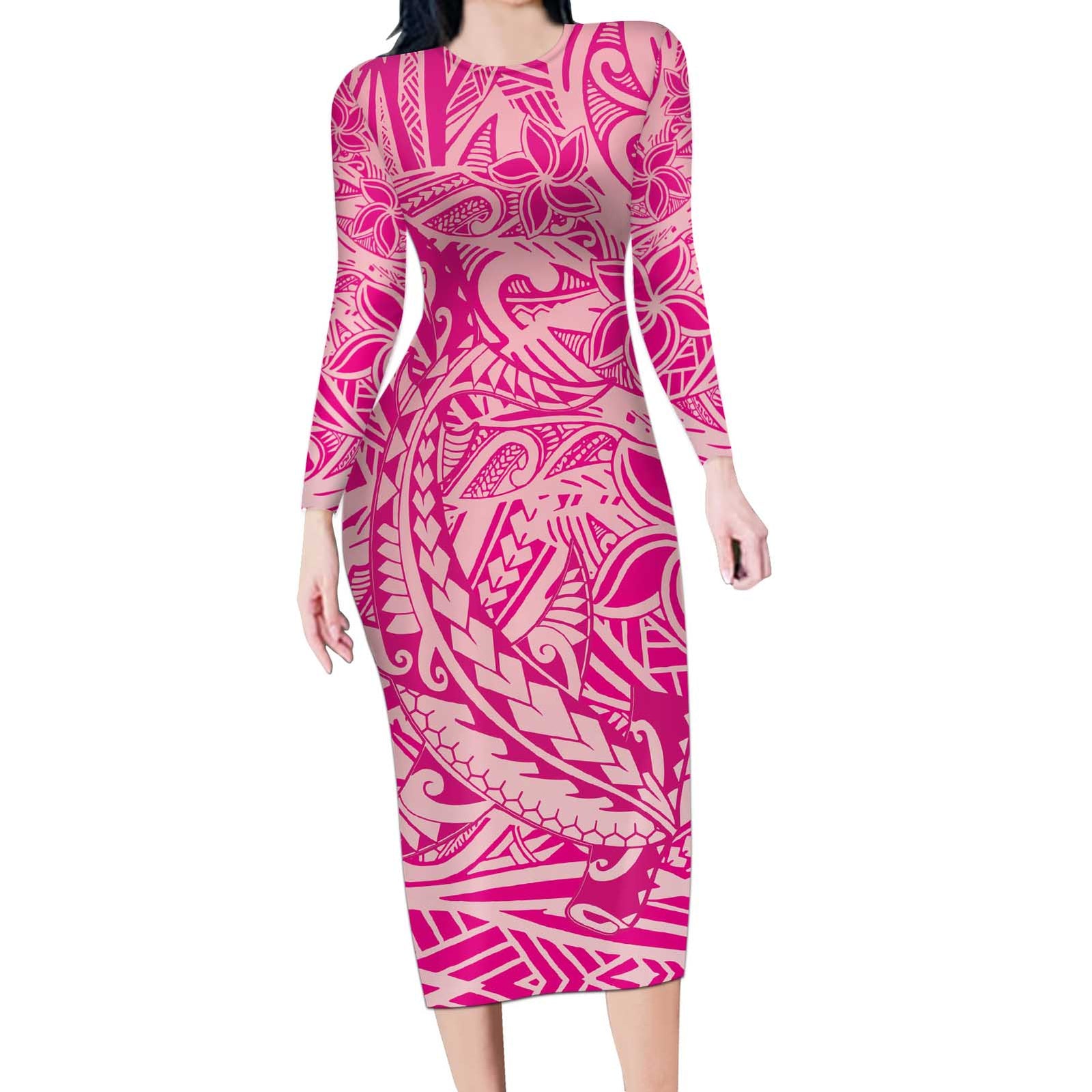Beige Gradient Polynesia Long Sleeve Bodycon Dress Hawaiian Tribal Hammerhead Shark Tattoo LT14 Long Dress Beige - Polynesian Pride
