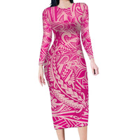 Beige Gradient Polynesia Long Sleeve Bodycon Dress Hawaiian Tribal Hammerhead Shark Tattoo LT14 Long Dress Beige - Polynesian Pride