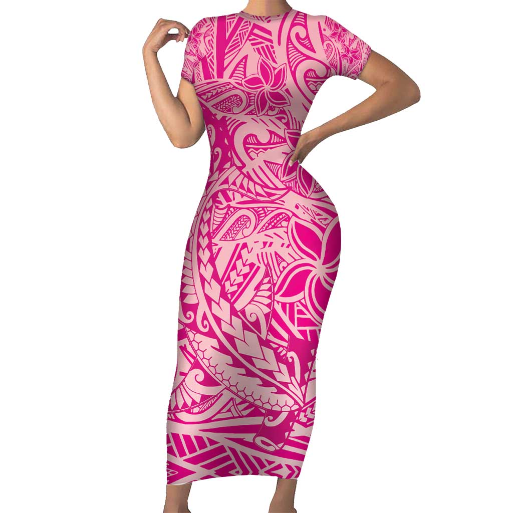 Beige Gradient Polynesia Short Sleeve Bodycon Dress Hawaiian Tribal Hammerhead Shark Tattoo LT14 Long Dress Beige - Polynesian Pride
