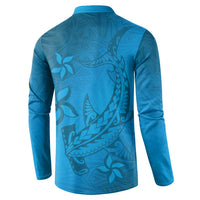 Blue Gradient Polynesia Button Sweatshirt Hawaiian Tribal Hammerhead Shark Tattoo LT14 - Polynesian Pride