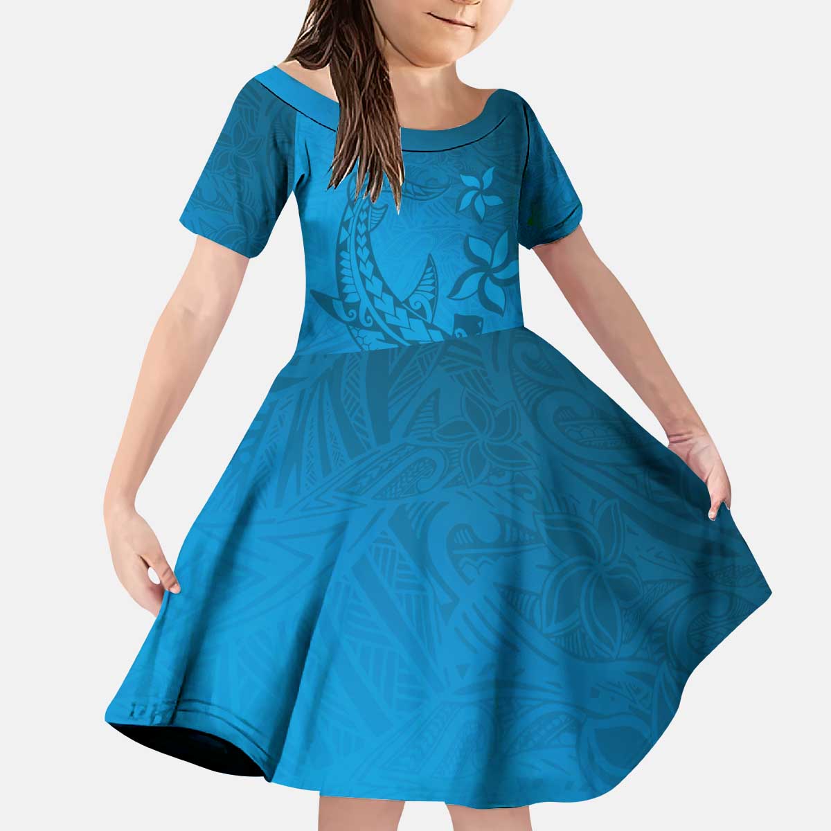 Blue Gradient Polynesia Kid Short Sleeve Dress Hawaiian Tribal Hammerhead Shark Tattoo LT14 KID Blue - Polynesian Pride