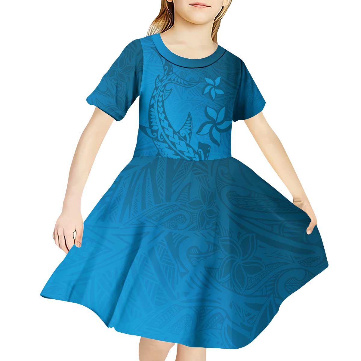 Blue Gradient Polynesia Kid Short Sleeve Dress Hawaiian Tribal Hammerhead Shark Tattoo LT14 - Polynesian Pride