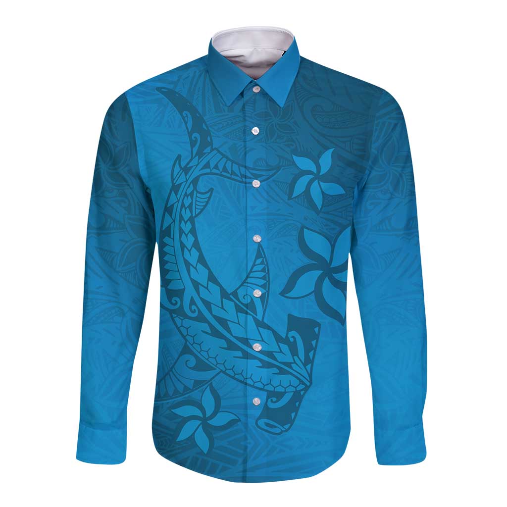 Blue Gradient Polynesia Long Sleeve Button Shirt Hawaiian Tribal Hammerhead Shark Tattoo LT14 Unisex Blue - Polynesian Pride
