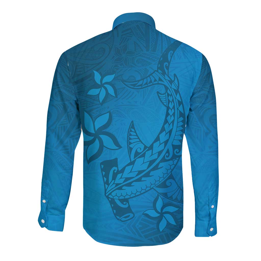 Blue Gradient Polynesia Long Sleeve Button Shirt Hawaiian Tribal Hammerhead Shark Tattoo LT14 - Polynesian Pride