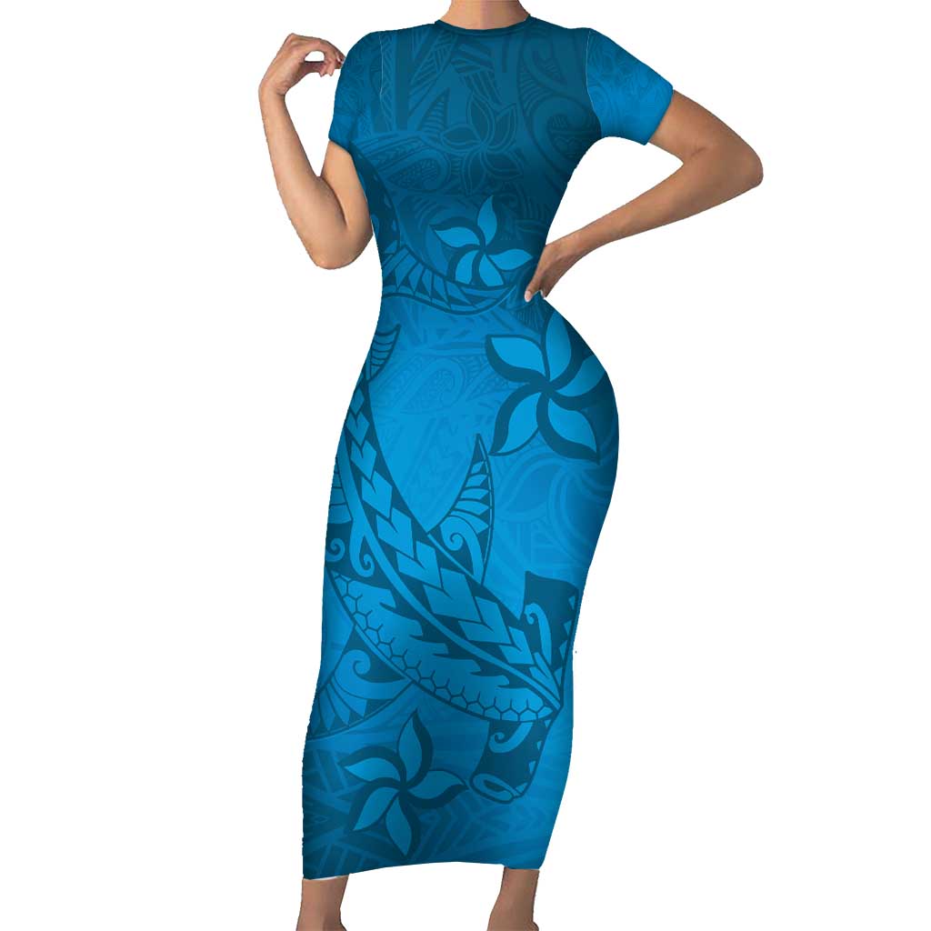 Blue Gradient Polynesia Short Sleeve Bodycon Dress Hawaiian Tribal Hammerhead Shark Tattoo LT14 Long Dress Blue - Polynesian Pride