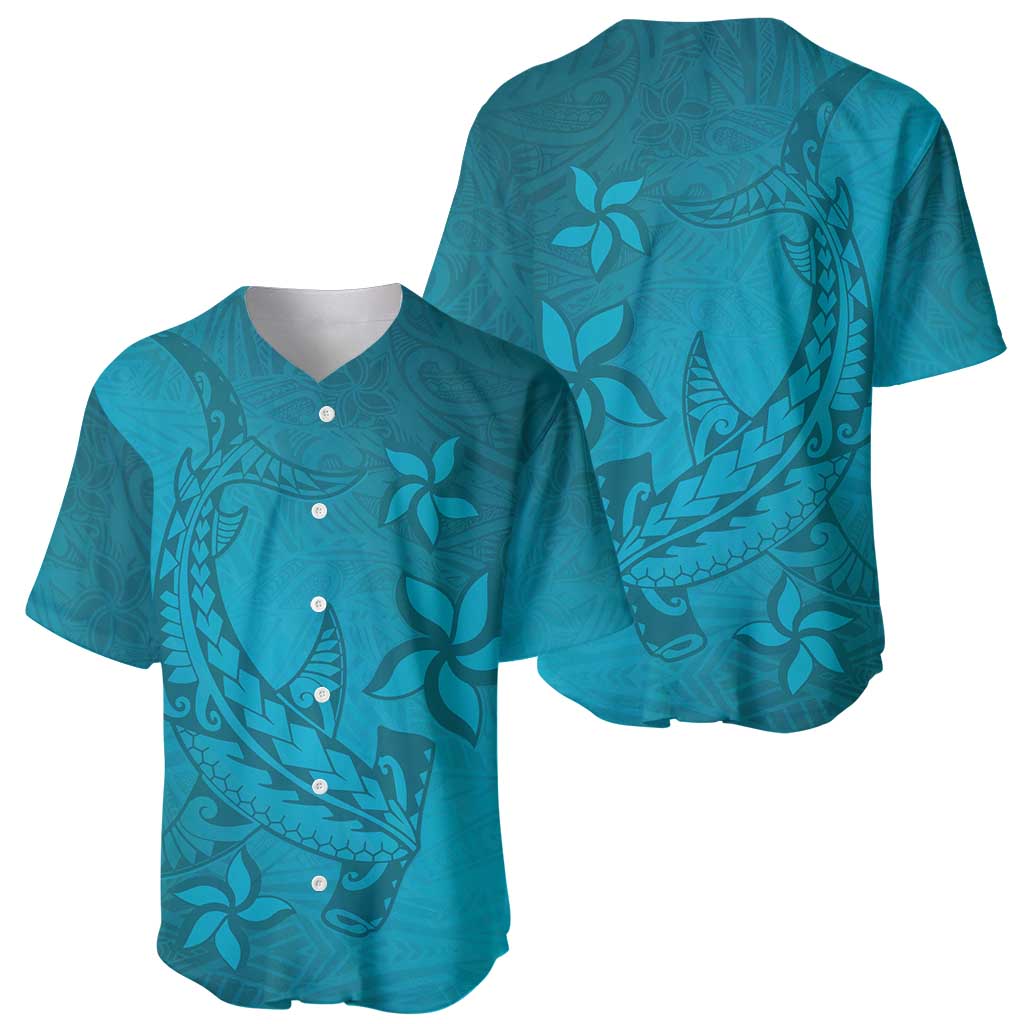 Dark Cyan Gradient Polynesia Baseball Jersey Hawaiian Tribal Hammerhead Shark Tattoo LT14 - Polynesian Pride