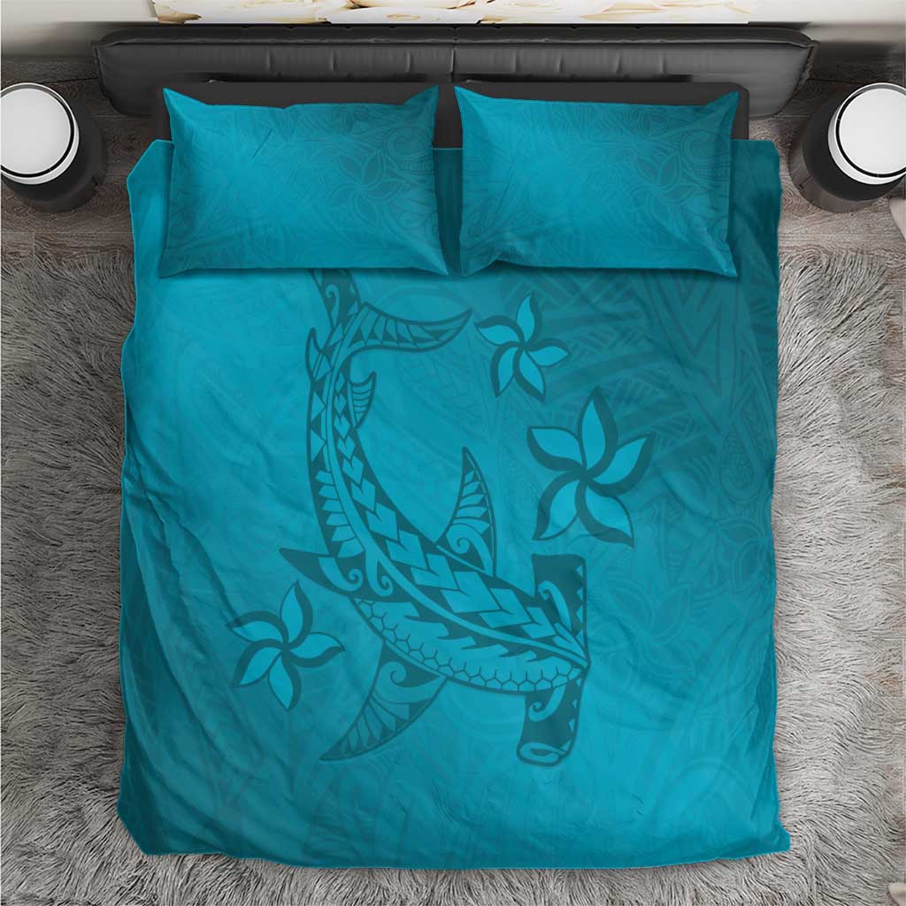 Dark Cyan Gradient Polynesia Bedding Set Hawaiian Tribal Hammerhead Shark Tattoo