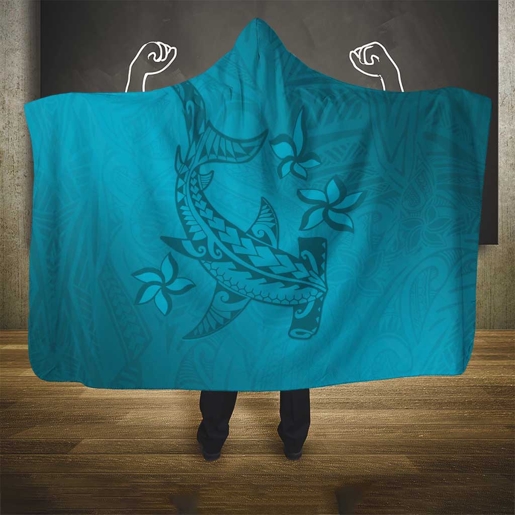 Dark Cyan Gradient Polynesia Hooded Blanket Hawaiian Tribal Hammerhead Shark Tattoo LT14 - Polynesian Pride