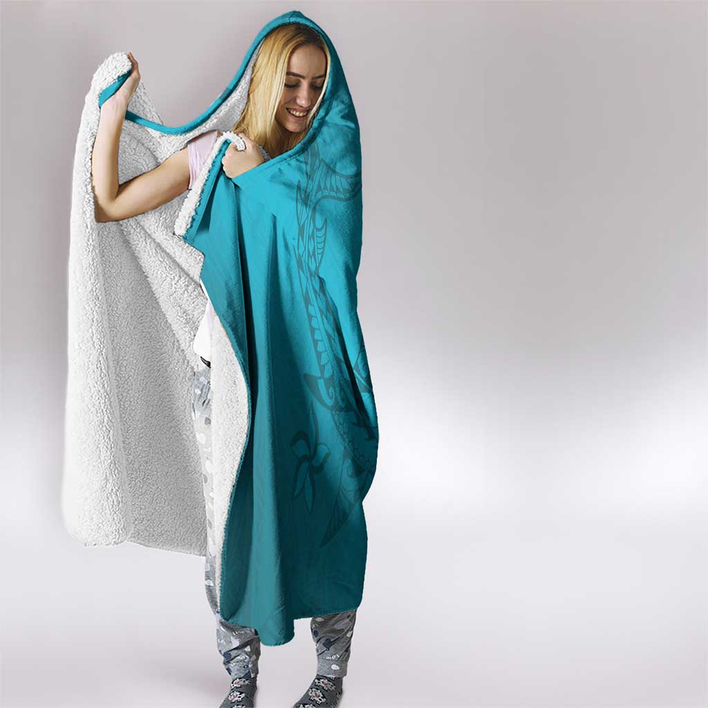 Dark Cyan Gradient Polynesia Hooded Blanket Hawaiian Tribal Hammerhead Shark Tattoo LT14 - Polynesian Pride
