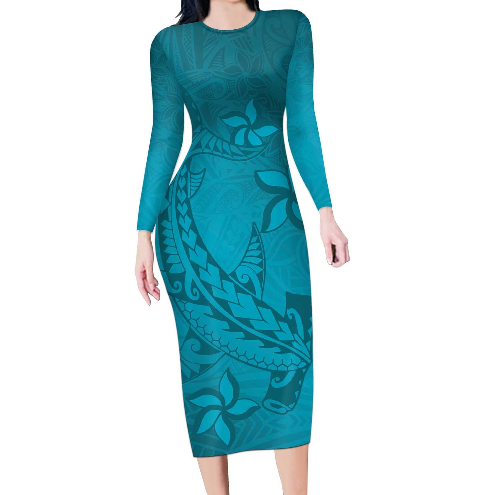 Dark Cyan Gradient Polynesia Long Sleeve Bodycon Dress Hawaiian Tribal Hammerhead Shark Tattoo LT14 Long Dress Dark Cyan - Polynesian Pride