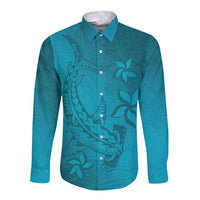 Dark Cyan Gradient Polynesia Long Sleeve Button Shirt Hawaiian Tribal Hammerhead Shark Tattoo LT14 Unisex Dark Cyan - Polynesian Pride