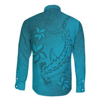 Dark Cyan Gradient Polynesia Long Sleeve Button Shirt Hawaiian Tribal Hammerhead Shark Tattoo LT14 - Polynesian Pride
