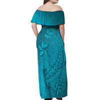Dark Cyan Gradient Polynesia Off Shoulder Maxi Dress Hawaiian Tribal Hammerhead Shark Tattoo LT14 - Polynesian Pride