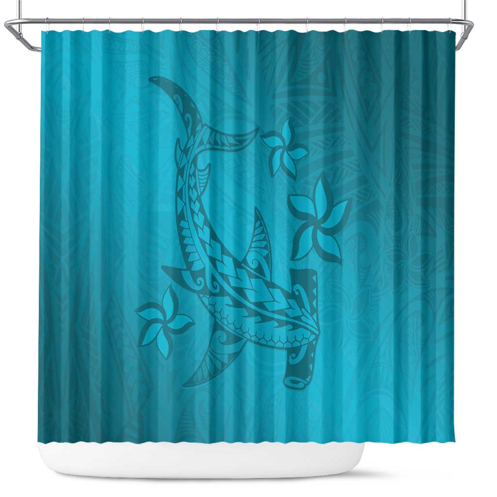 Dark Cyan Gradient Polynesia Shower Curtain Hawaiian Tribal Hammerhead Shark Tattoo