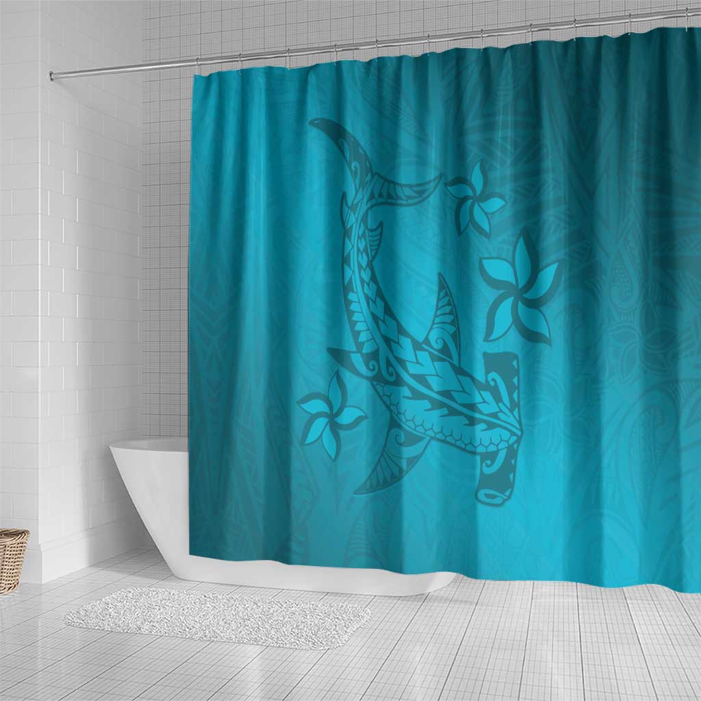 Dark Cyan Gradient Polynesia Shower Curtain Hawaiian Tribal Hammerhead Shark Tattoo LT14 - Polynesian Pride
