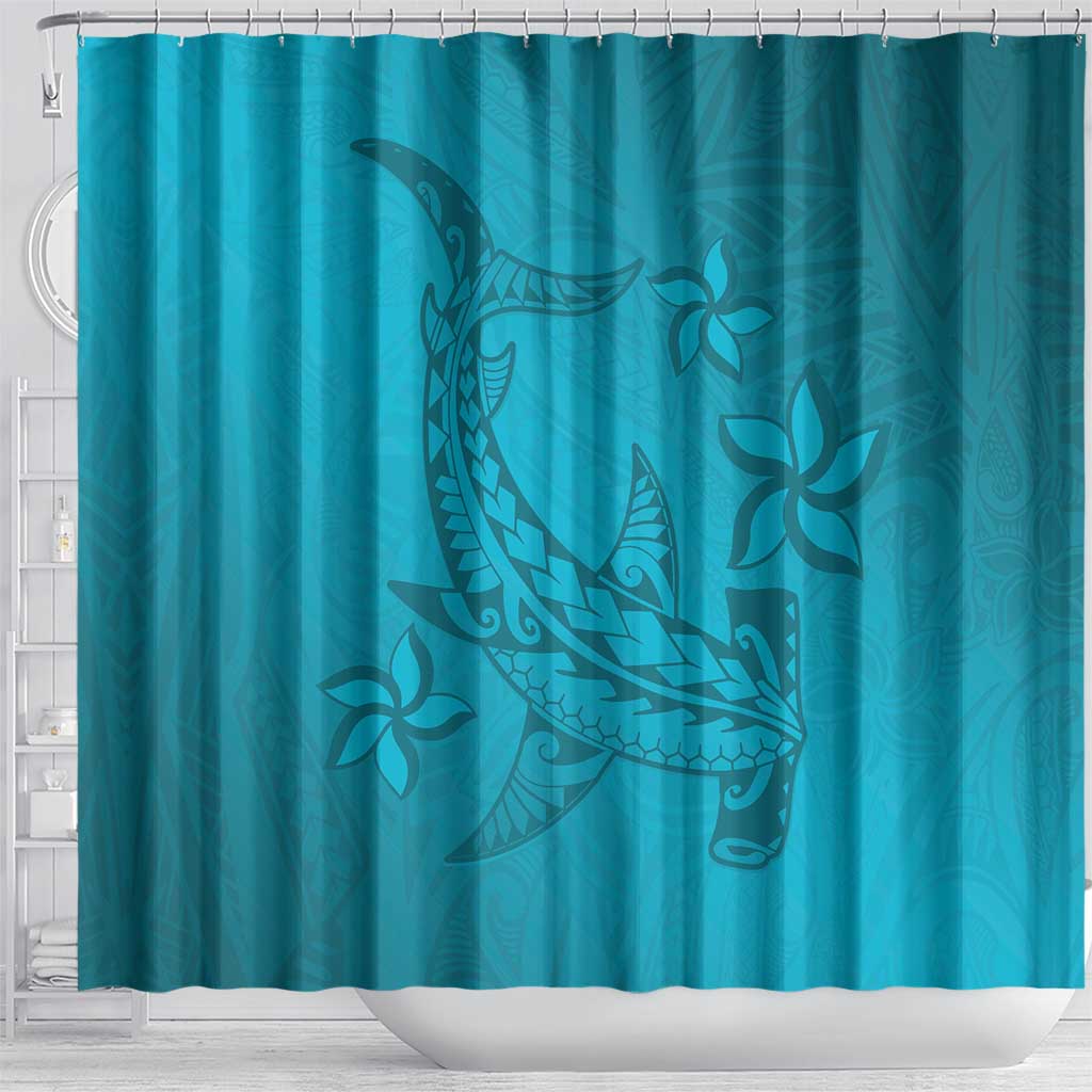 Dark Cyan Gradient Polynesia Shower Curtain Hawaiian Tribal Hammerhead Shark Tattoo LT14 - Polynesian Pride