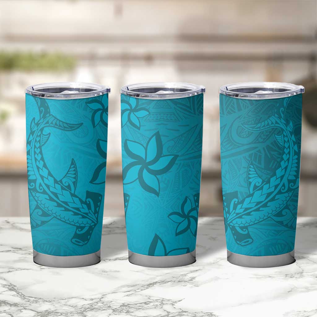 Dark Cyan Gradient Polynesia Tumbler Cup Hawaiian Tribal Hammerhead Shark Tattoo LT14 - Polynesian Pride
