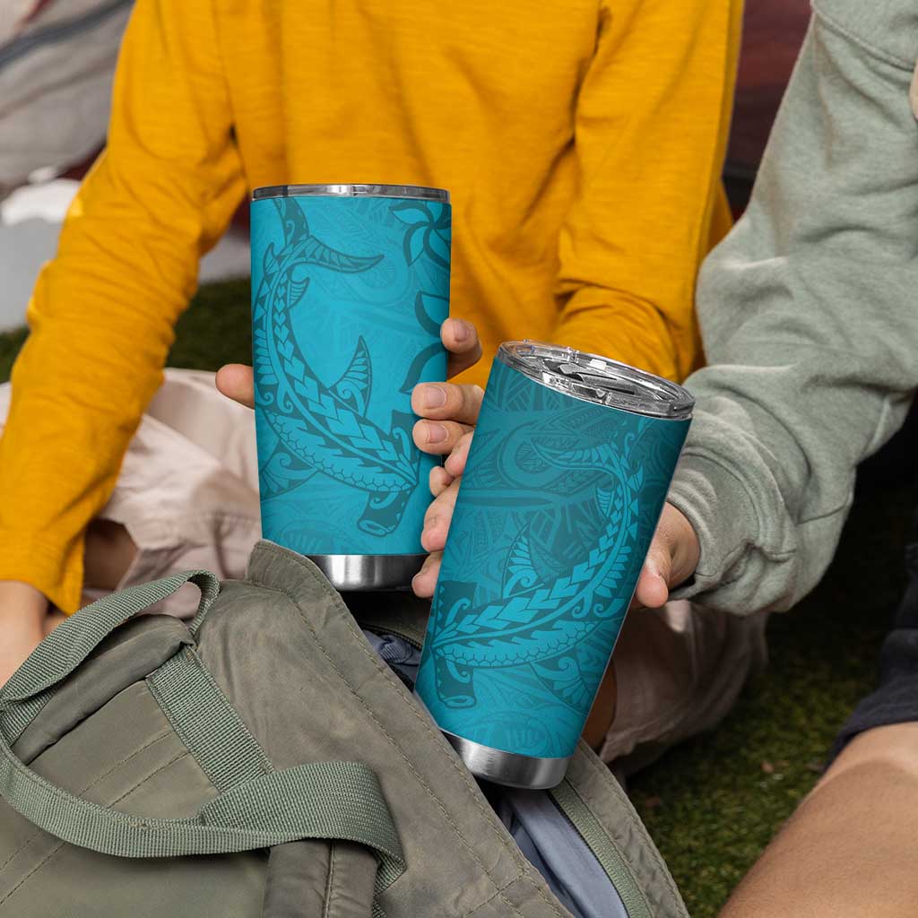 Dark Cyan Gradient Polynesia Tumbler Cup Hawaiian Tribal Hammerhead Shark Tattoo LT14 - Polynesian Pride