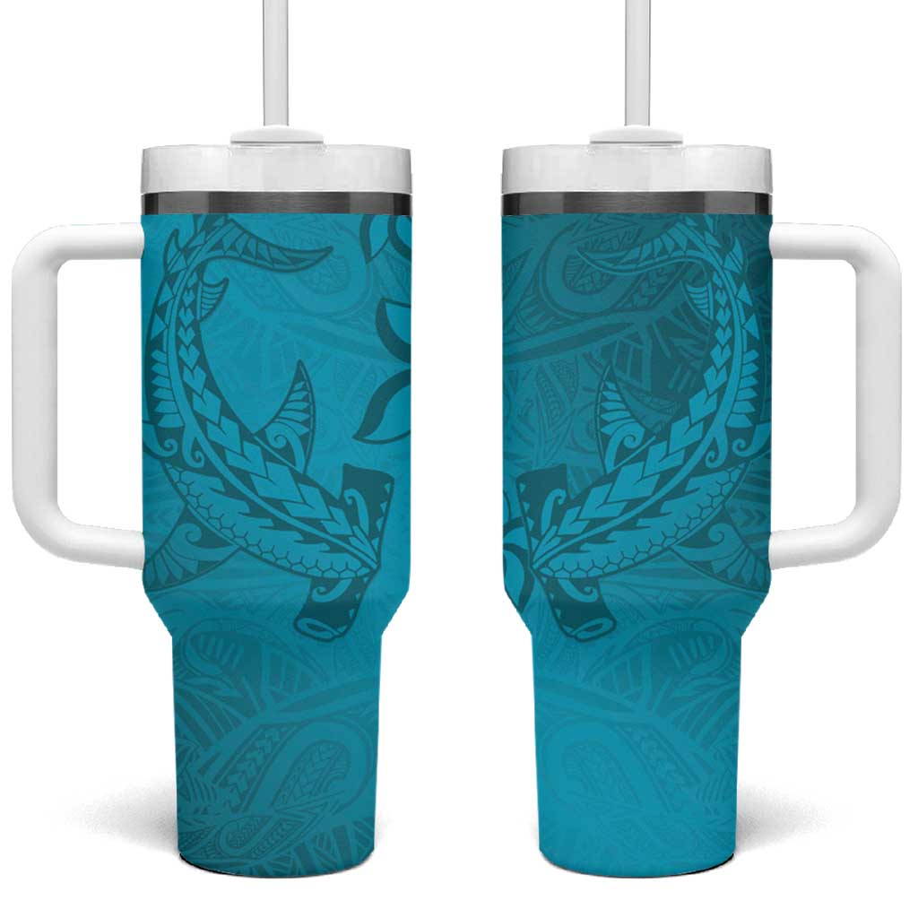 Dark Cyan Gradient Polynesia Tumbler With Handle Hawaiian Tribal Hammerhead Shark Tattoo LT14 One Size: 40 oz Dark Cyan - Polynesian Pride