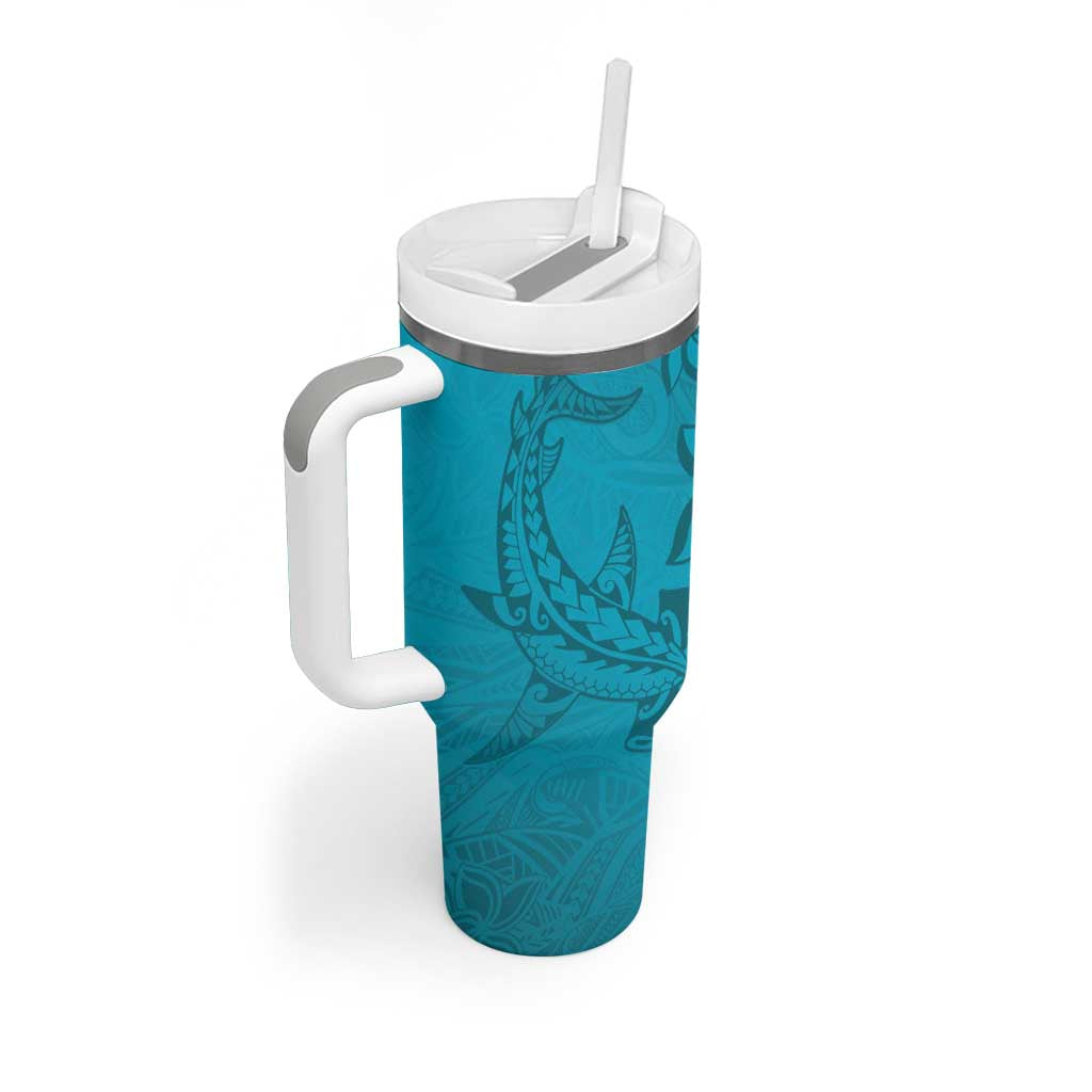 Dark Cyan Gradient Polynesia Tumbler With Handle Hawaiian Tribal Hammerhead Shark Tattoo LT14 - Polynesian Pride
