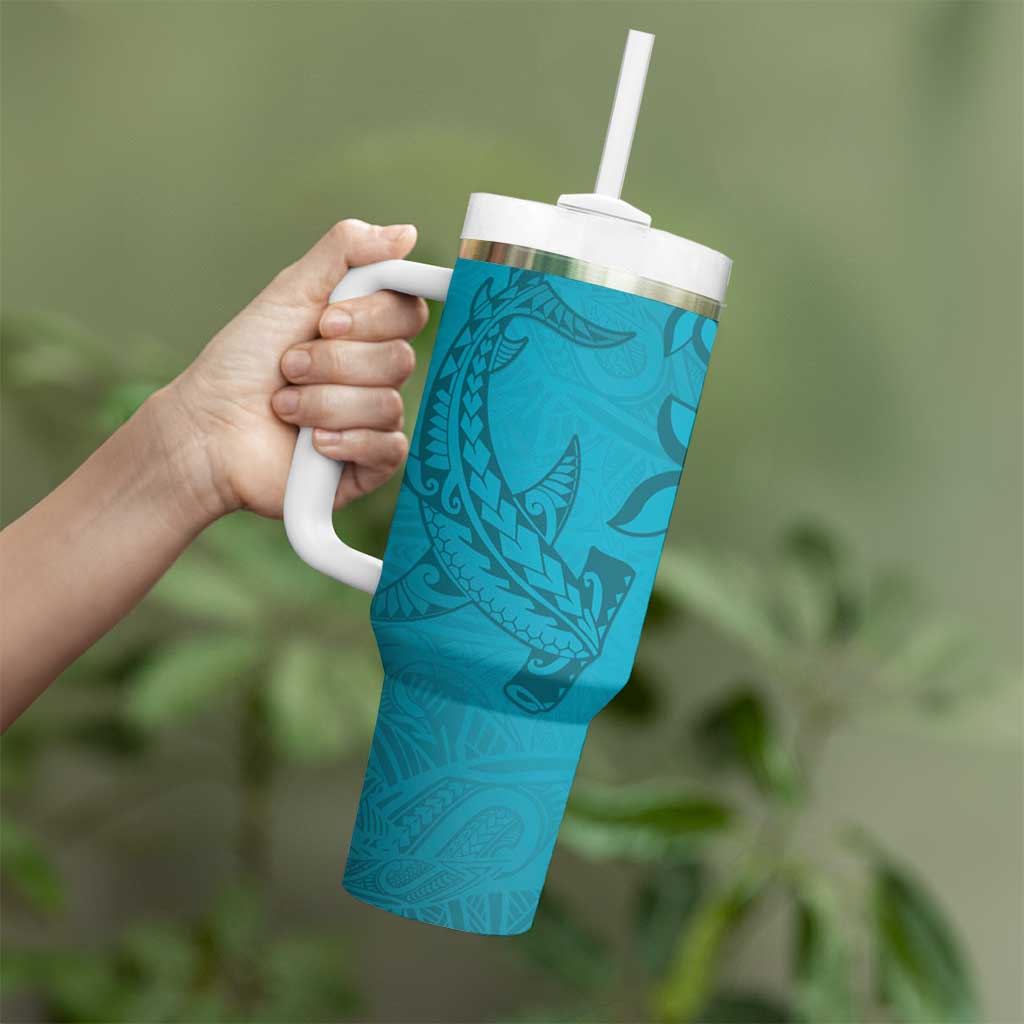 Dark Cyan Gradient Polynesia Tumbler With Handle Hawaiian Tribal Hammerhead Shark Tattoo LT14 - Polynesian Pride