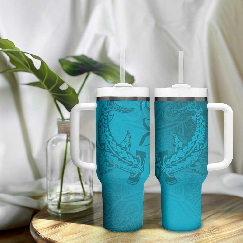 Dark Cyan Gradient Polynesia Tumbler With Handle Hawaiian Tribal Hammerhead Shark Tattoo LT14 - Polynesian Pride
