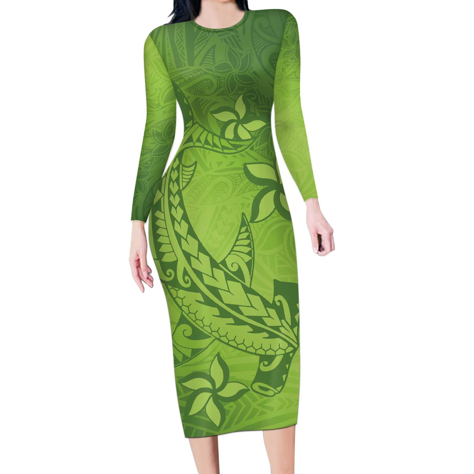 Green Gradient Polynesia Long Sleeve Bodycon Dress Hawaiian Tribal Hammerhead Shark Tattoo LT14 Long Dress Green - Polynesian Pride