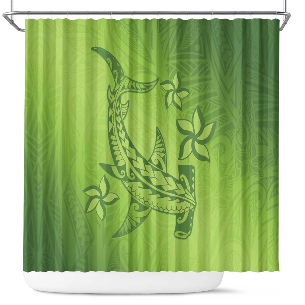 Green Gradient Polynesia Shower Curtain Hawaiian Tribal Hammerhead Shark Tattoo