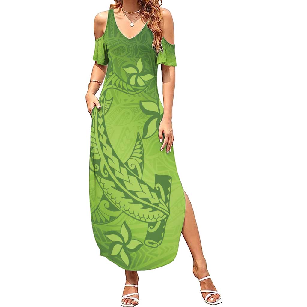 Green Gradient Polynesia Summer Maxi Dress Hawaiian Tribal Hammerhead Shark Tattoo LT14 Women Green - Polynesian Pride