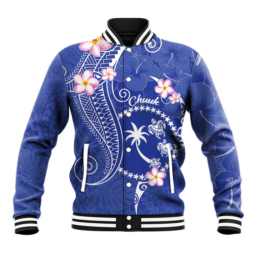FSM Chuuk Constitution Day Baseball Jacket Frangipani Flowers Polynesian Curves Style LT14 Unisex Blue - Polynesian Pride