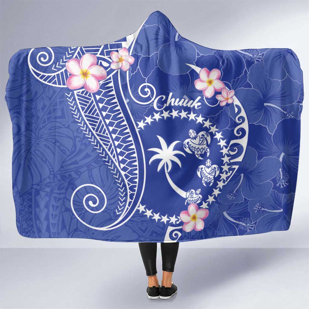 FSM Chuuk Constitution Day Hooded Blanket Frangipani Flowers Polynesian Curves Style LT14 One Size Blue - Polynesian Pride