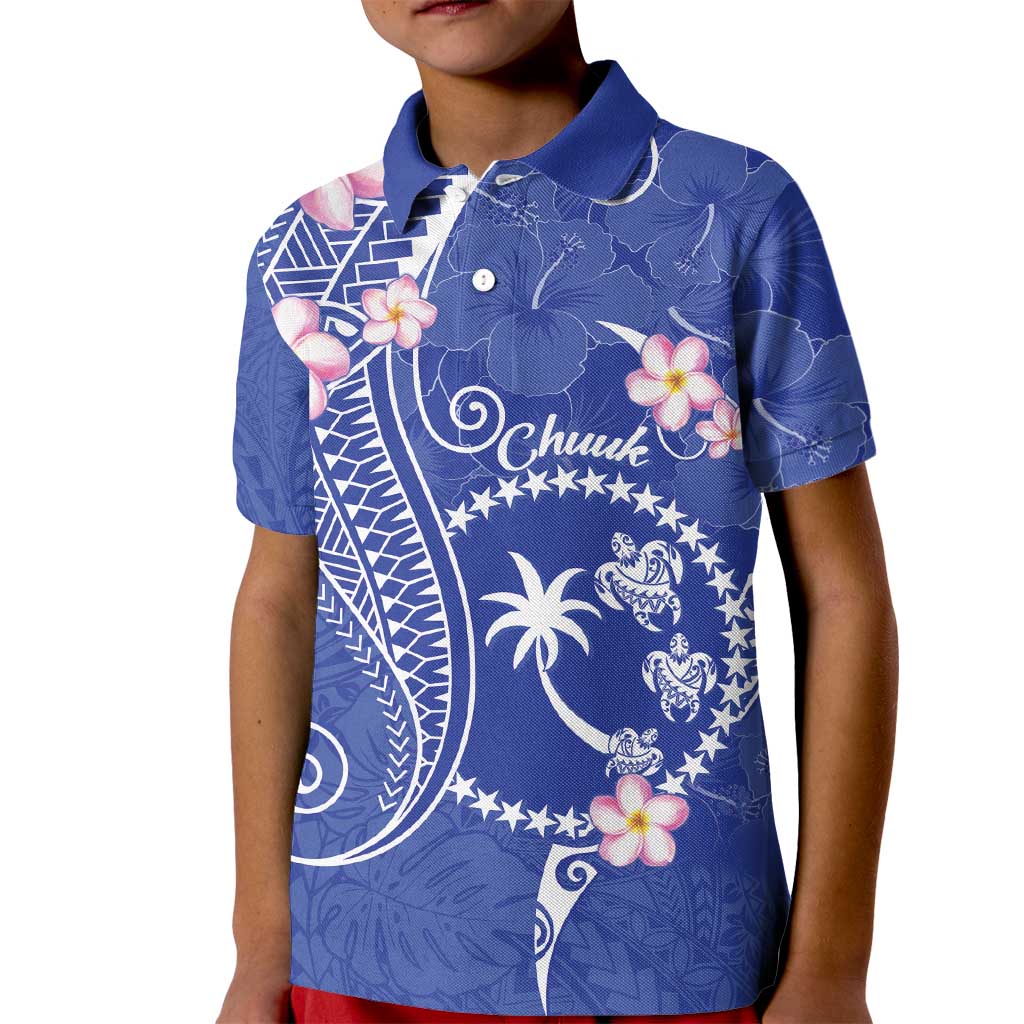 FSM Chuuk Constitution Day Kid Polo Shirt Frangipani Flowers Polynesian Curves Style LT14 Kid Blue - Polynesian Pride