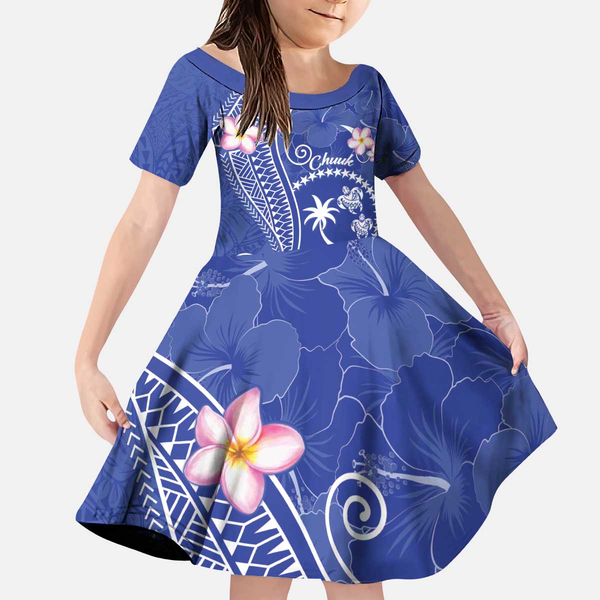 FSM Chuuk Constitution Day Kid Short Sleeve Dress Frangipani Flowers Polynesian Curves Style LT14 KID Blue - Polynesian Pride