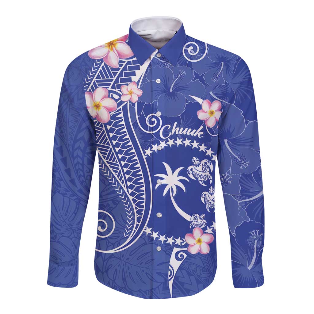FSM Chuuk Constitution Day Long Sleeve Button Shirt Frangipani Flowers Polynesian Curves Style LT14 Unisex Blue - Polynesian Pride