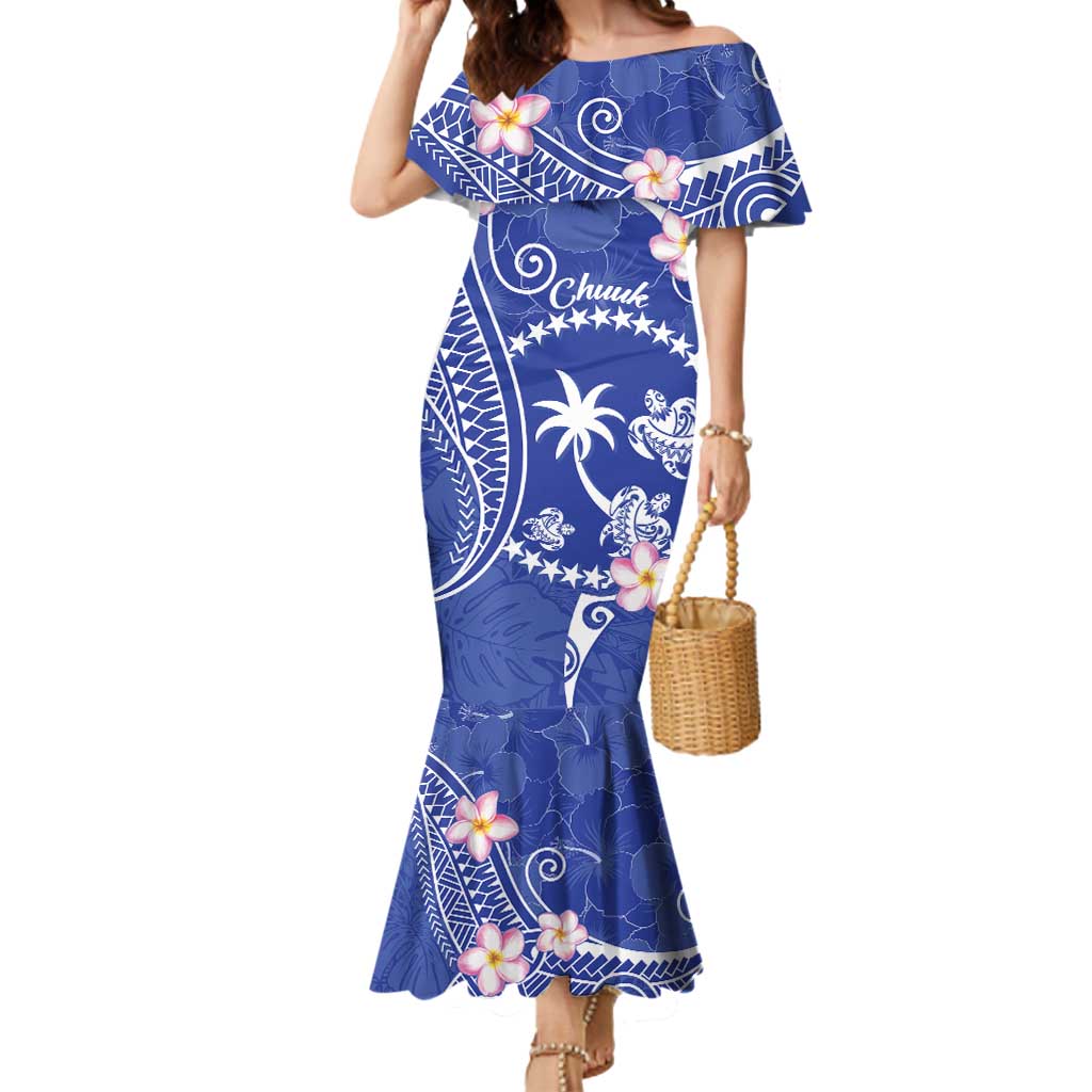 FSM Chuuk Constitution Day Mermaid Dress Frangipani Flowers Polynesian Curves Style LT14 Women Blue - Polynesian Pride