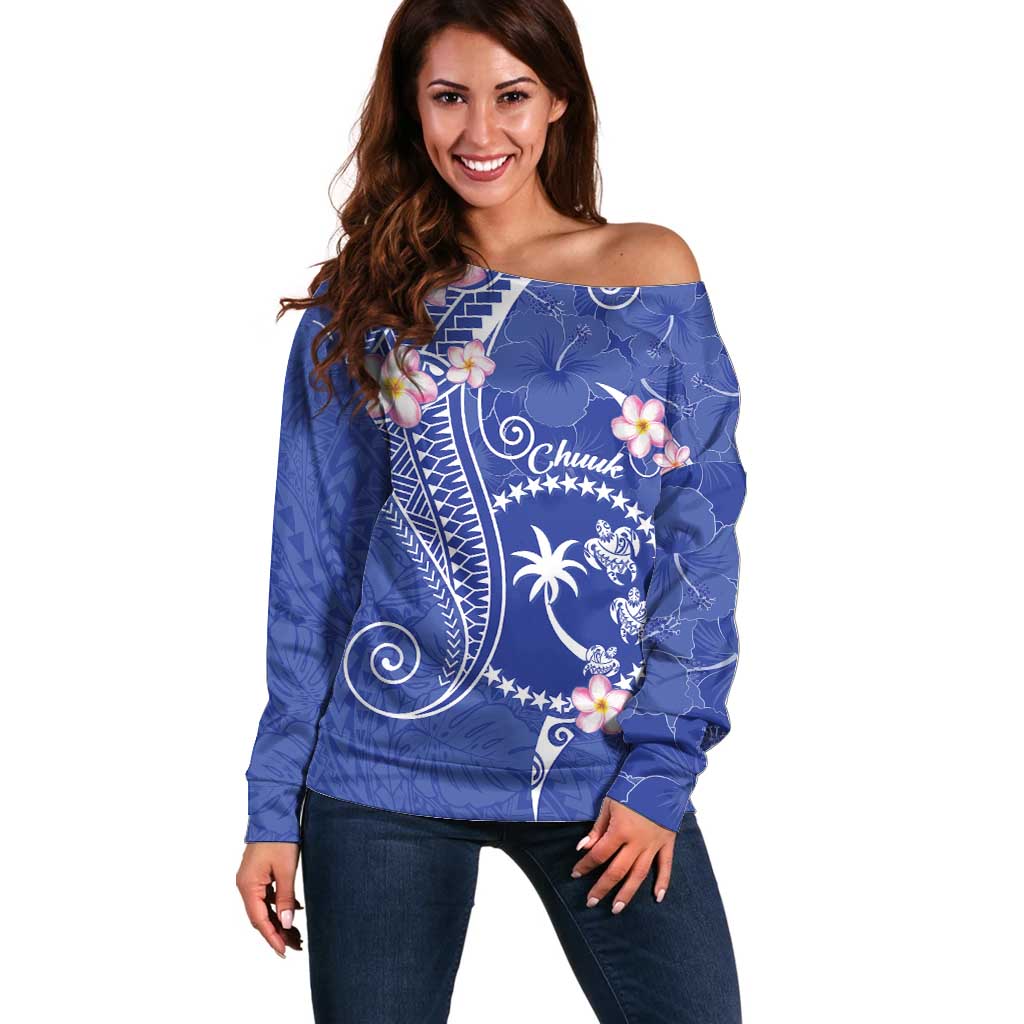 FSM Chuuk Constitution Day Off Shoulder Sweater Frangipani Flowers Polynesian Curves Style LT14 Women Blue - Polynesian Pride
