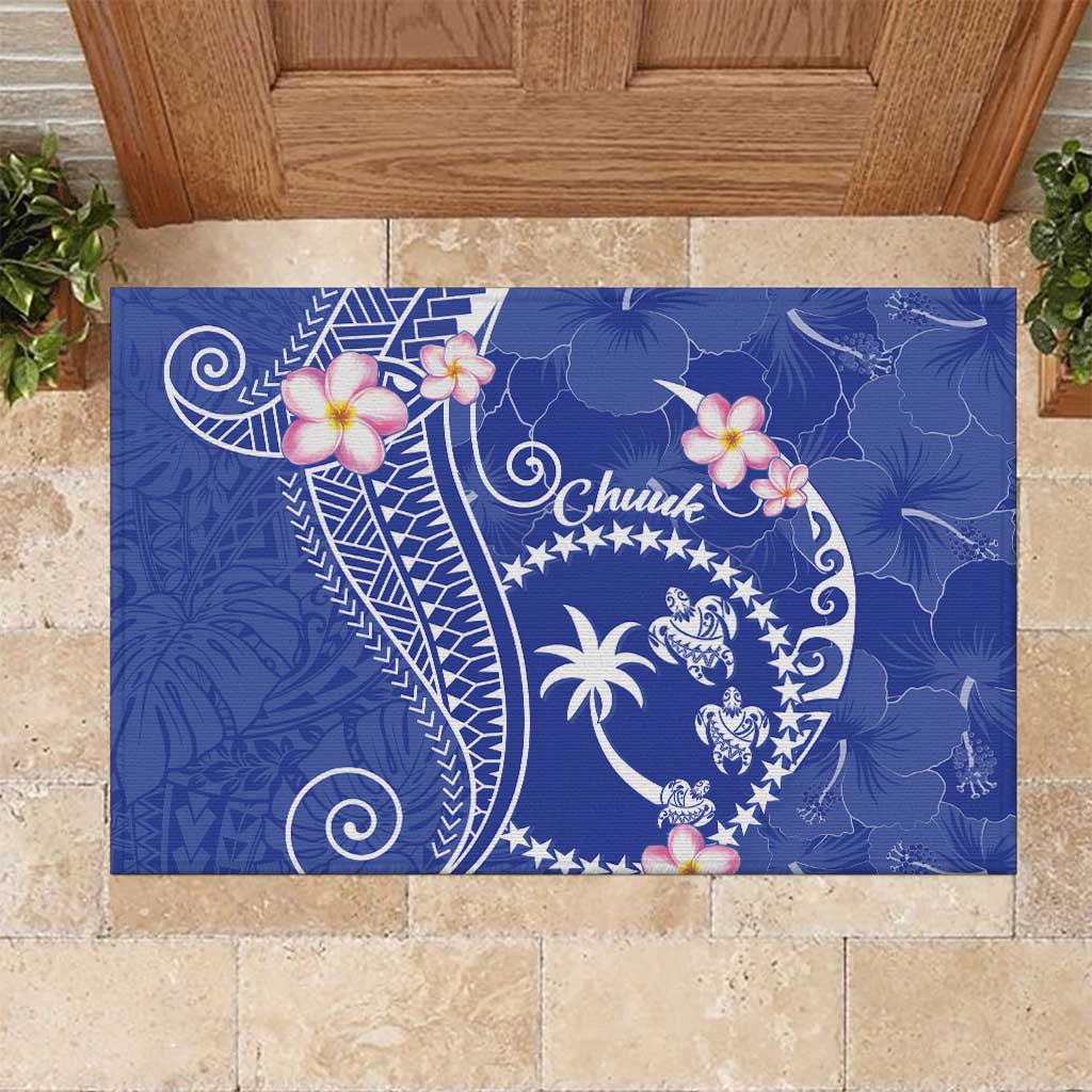 FSM Chuuk Constitution Day Rubber Doormat Frangipani Flowers Polynesian Curves Style LT14 Blue - Polynesian Pride