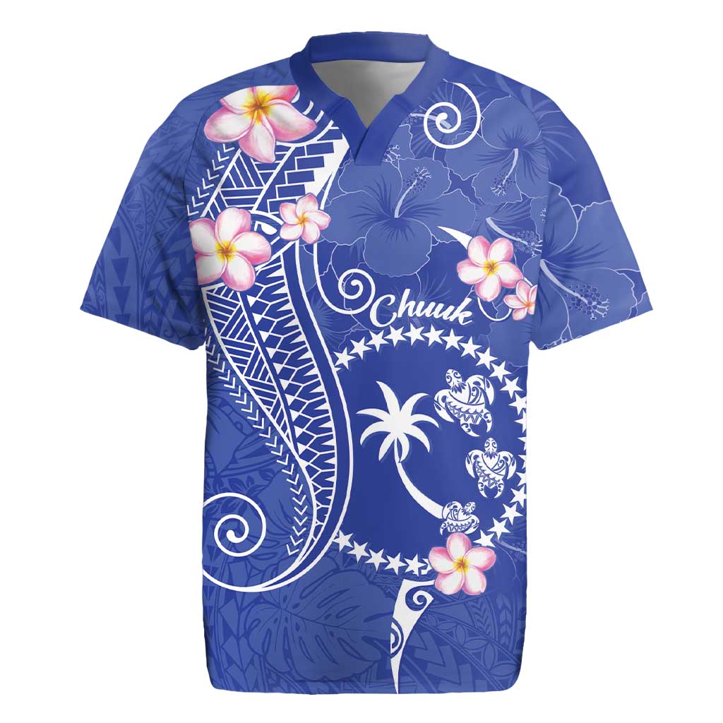 FSM Chuuk Constitution Day Rugby Jersey Frangipani Flowers Polynesian Curves Style LT14 Blue - Polynesian Pride