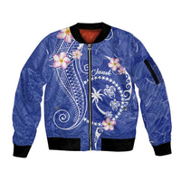 FSM Chuuk Constitution Day Sleeve Zip Bomber Jacket Frangipani Flowers Polynesian Curves Style LT14 Unisex Blue - Polynesian Pride