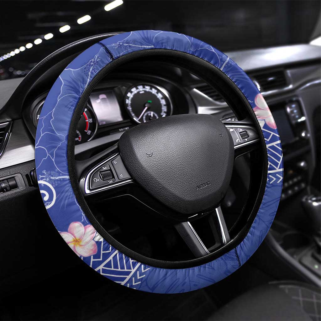 FSM Chuuk Constitution Day Steering Wheel Cover Frangipani Flowers Polynesian Curves Style LT14 Universal Fit Blue - Polynesian Pride