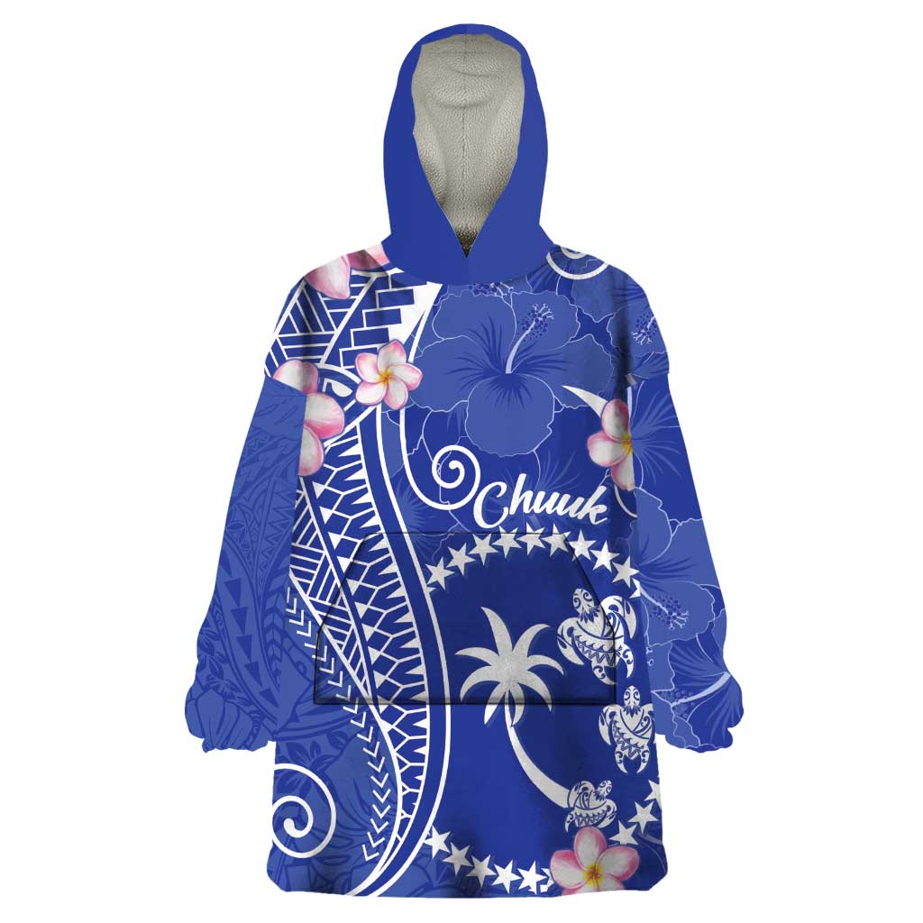 FSM Chuuk Constitution Day Wearable Blanket Hoodie Frangipani Flowers Polynesian Curves Style LT14 One Size Blue - Polynesian Pride