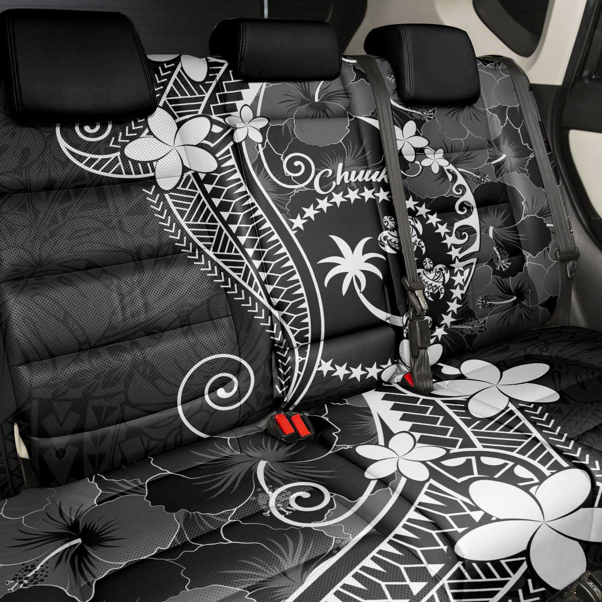 FSM Chuuk Back Car Seat Cover Turtle Tropical Flowers Polynesian - Black LT14 - Polynesian Pride